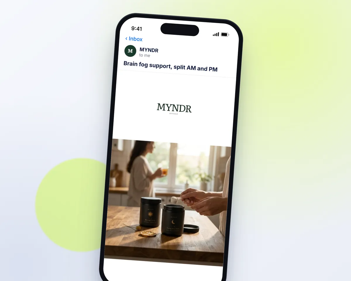 A Myndr campaign email, "Brain fog support, split AM and PM", written by Tilly, on a phone